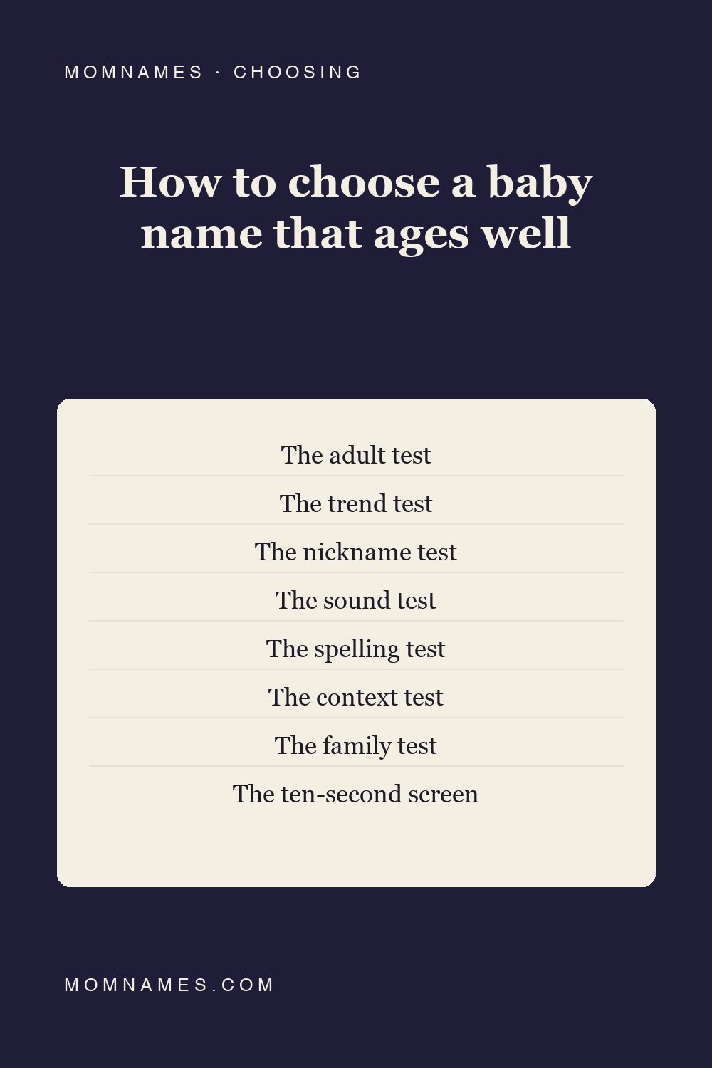 Deep navy Pinterest pin reading “How to choose a baby name that ages well” with The adult test, The trend test, The nickname test, The sound test, The spelling test