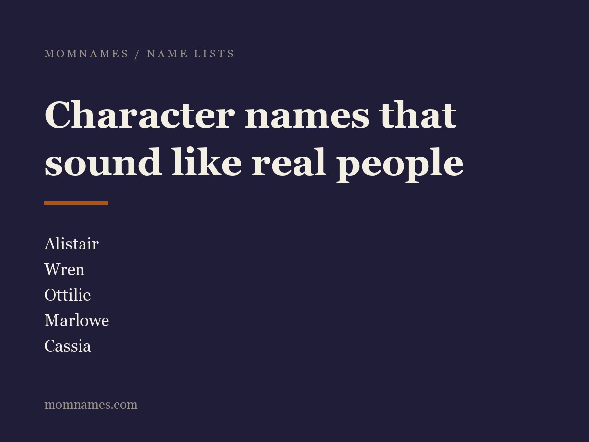 Deep navy typographic graphic reading “Character names that sound like real people” with Alistair, Wren, Ottilie and Cassius