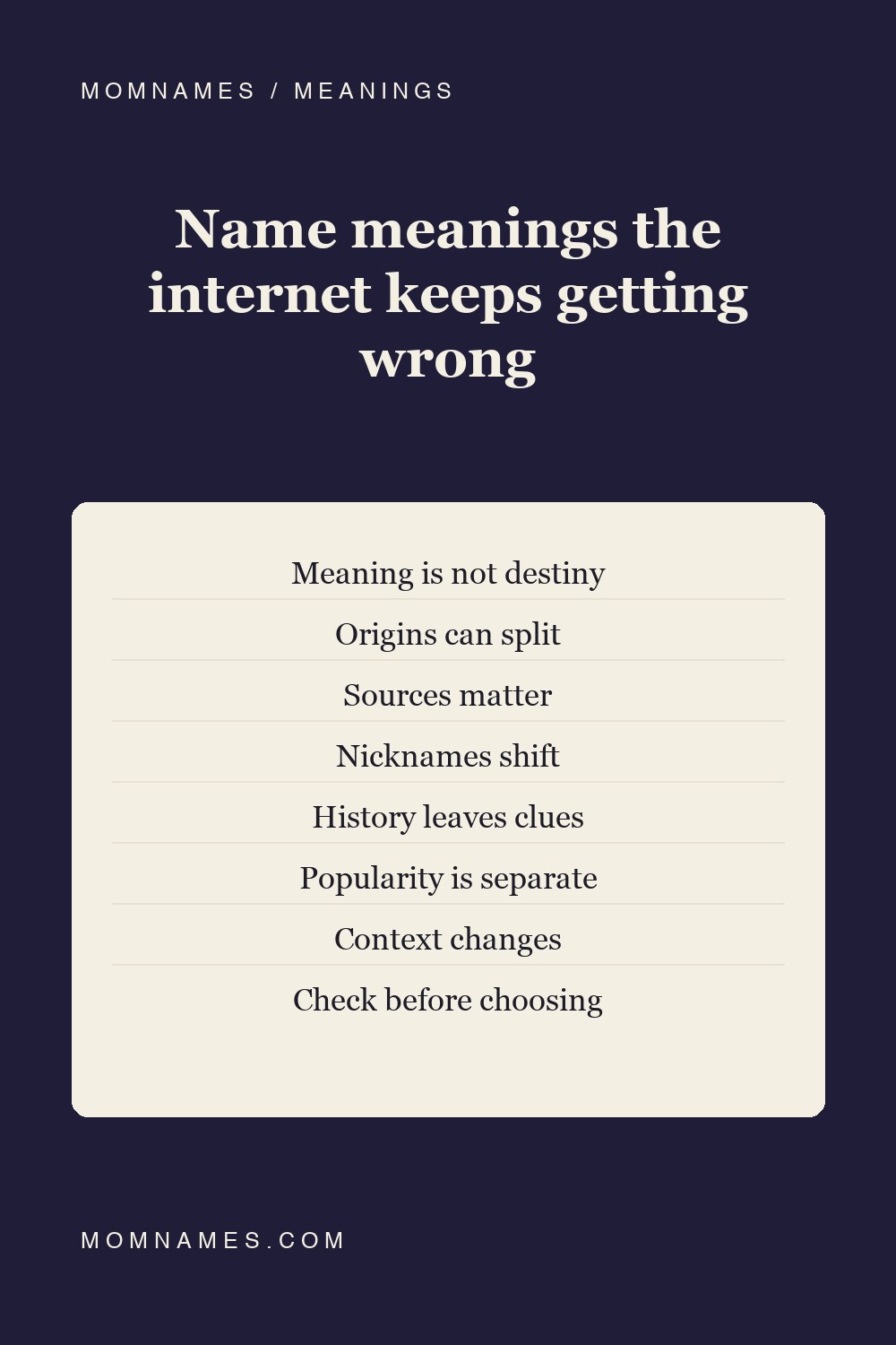 Deep navy Pinterest-style graphic reading “Name meanings the internet keeps getting wrong,” with a cream panel listing eight checks for evaluating name meanings.