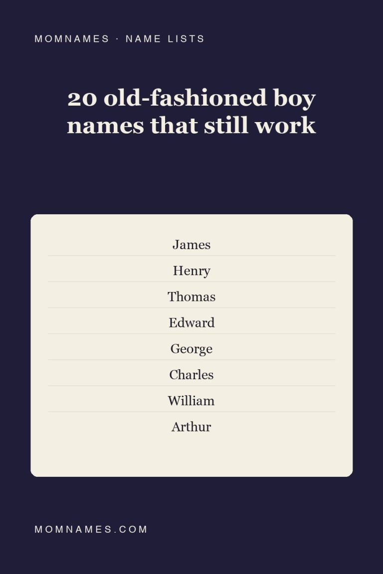 Deep navy Pinterest pin reading “20 old-fashioned boy names that still work”