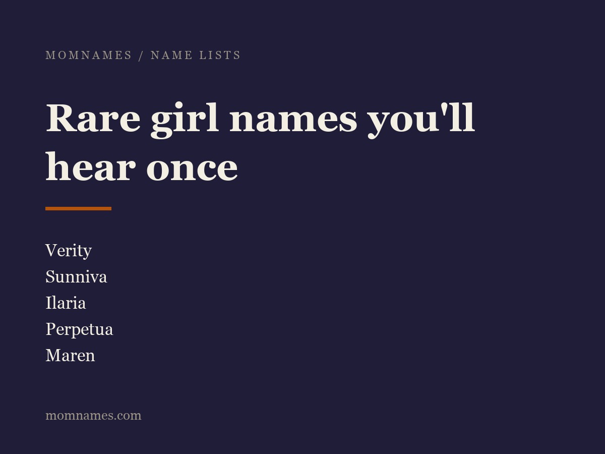 Deep navy typographic graphic reading “Rare girl names you’ll hear once” with Sunniva, Perpetua, Ilaria and Verity