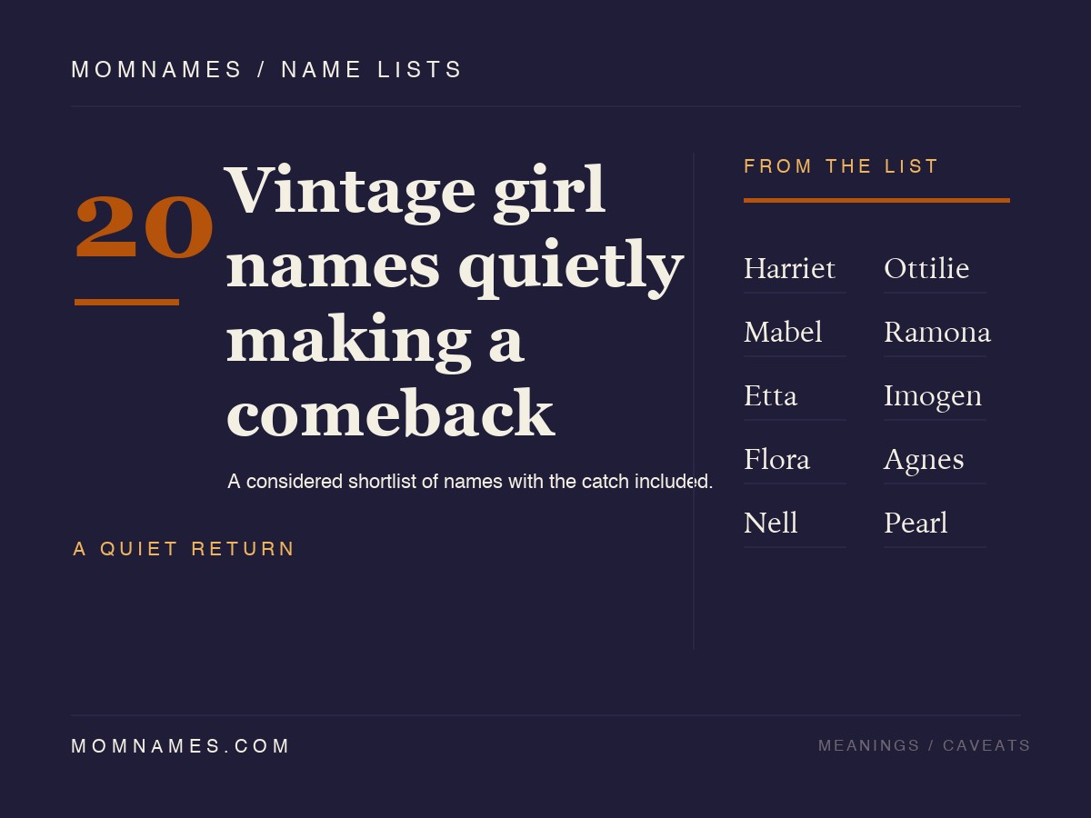 Editorial typographic cover on deep navy reading “Vintage girl names quietly making a comeback” with a numbered list including Harriet, Mabel, Etta, Flora, Nell, Ottilie, Ramona, Imogen, Agnes and Pearl