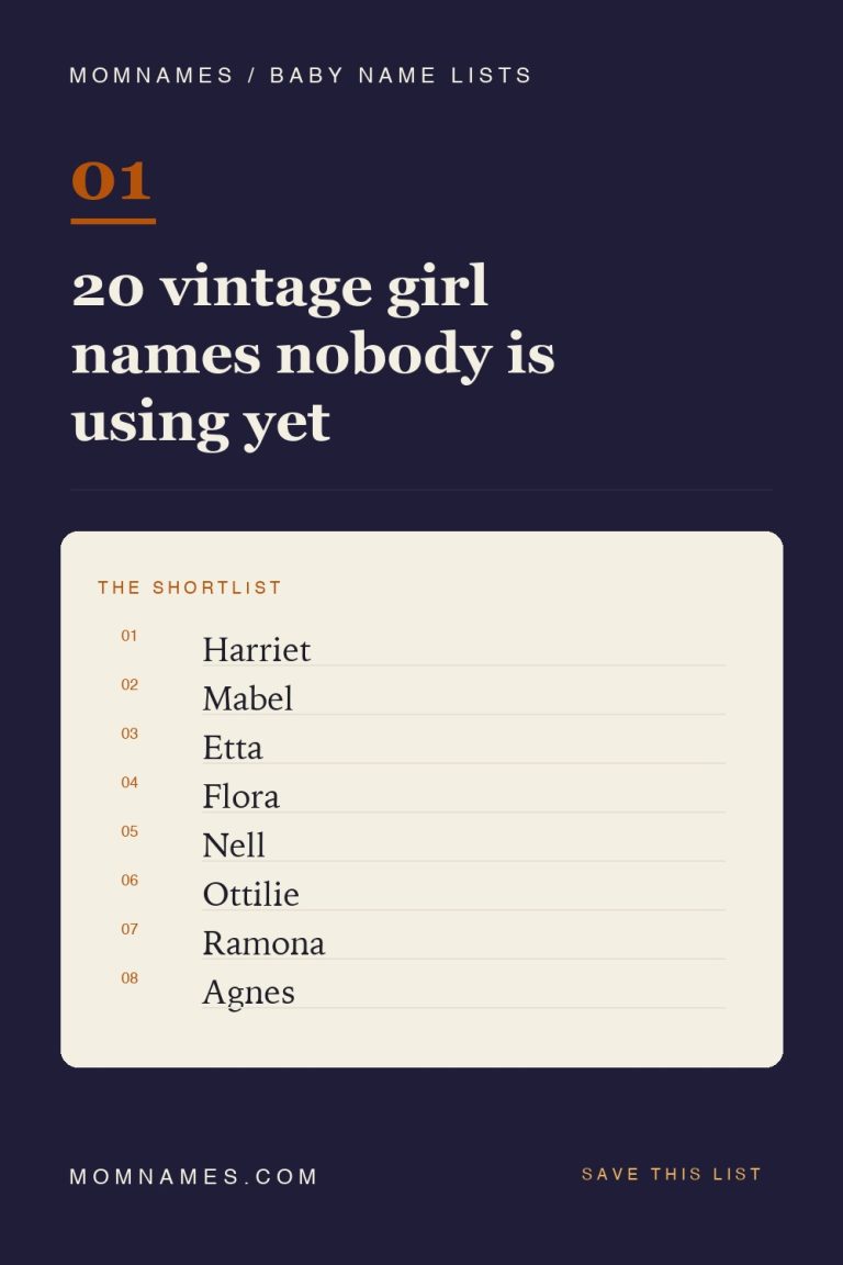 Deep navy Pinterest pin reading “20 vintage girl names nobody is using yet” with a cream numbered shortlist of Harriet, Mabel, Etta, Flora, Nell, Ottilie, Ramona and Agnes